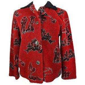 Vintage 90s Southwestern Fleece Jacket Button Shacket Velvet Collared M VTG